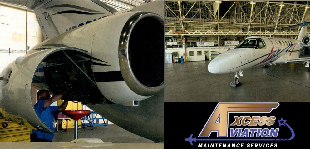 A private plane in hangar and mechanic.